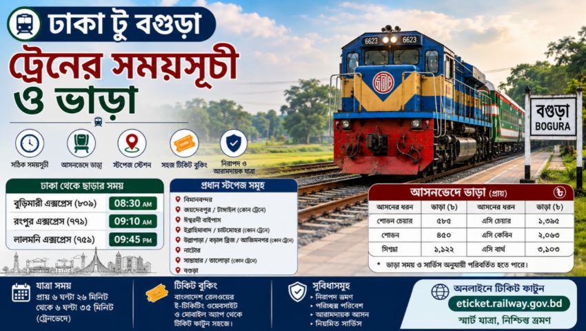 ঢাকা টু বগুড়া ট্রেনের সময়সূচী ও ভাড়ার তালিকা ২০২৬